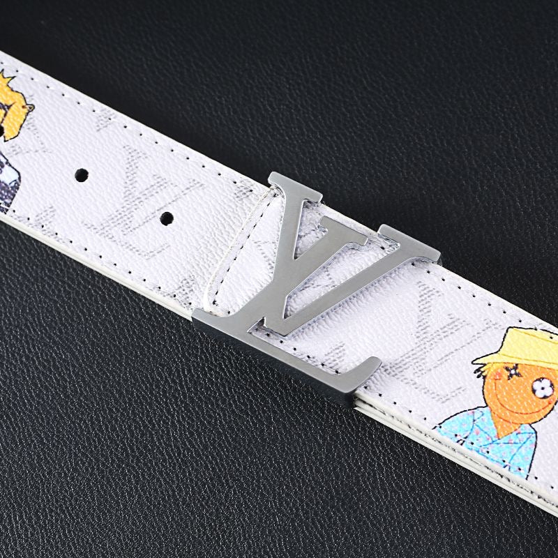 Cartoon Graffiti Print White LV Buckle Leather Belt   ITEM NO.: CS-BT071