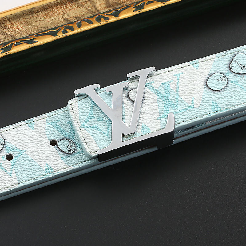 Custom Print Sky Blue LV Buckle Leather Belt   ITEM NO.: HF-BT066