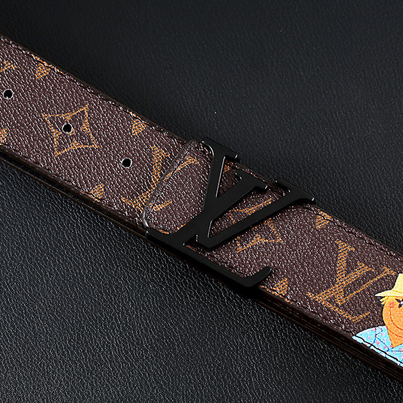 Cartoon Graffiti Print Brown LV Buckle Leather Belt   ITEM NO.: CS-BT072