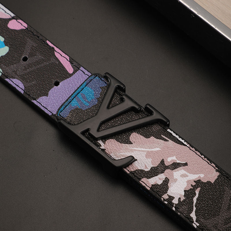 High Quality Custom Design Black Tie Dye LV Buckle Leather Belt    ITEM NO.: HF-BT056