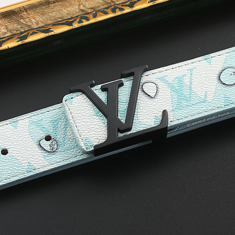 Custom Print Sky Blue LV Buckle Leather Belt   ITEM NO.: HF-BT066