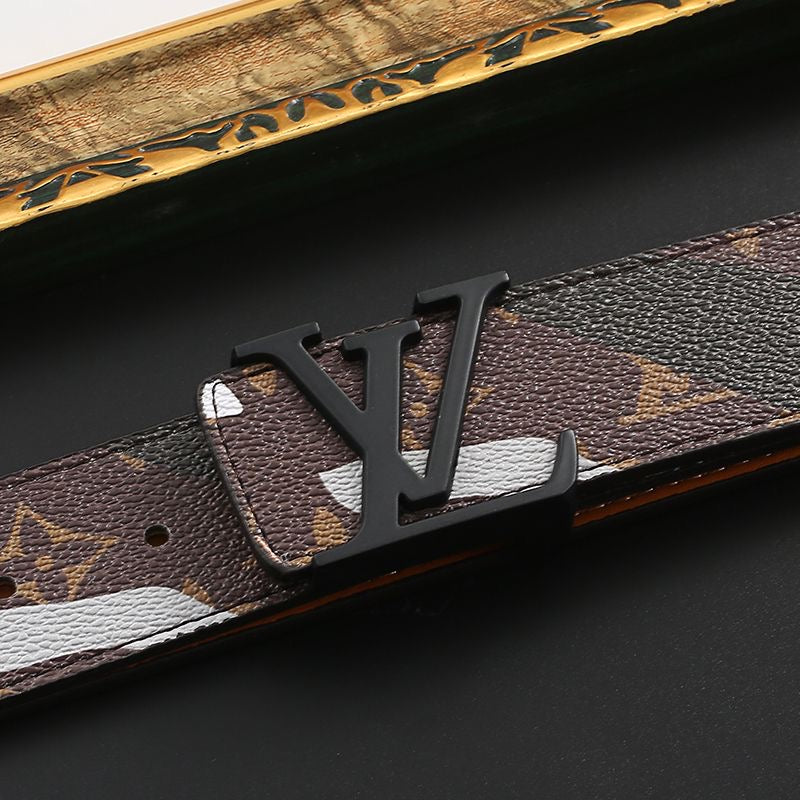 Custom Print Brown Black LV Buckle Leather Belt   ITEM NO.: HF-BT064
