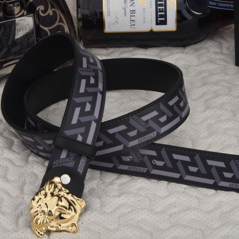 Fashionable Black Versace Print Leather Buckle Belt   ITEM NO.: CS-BT018