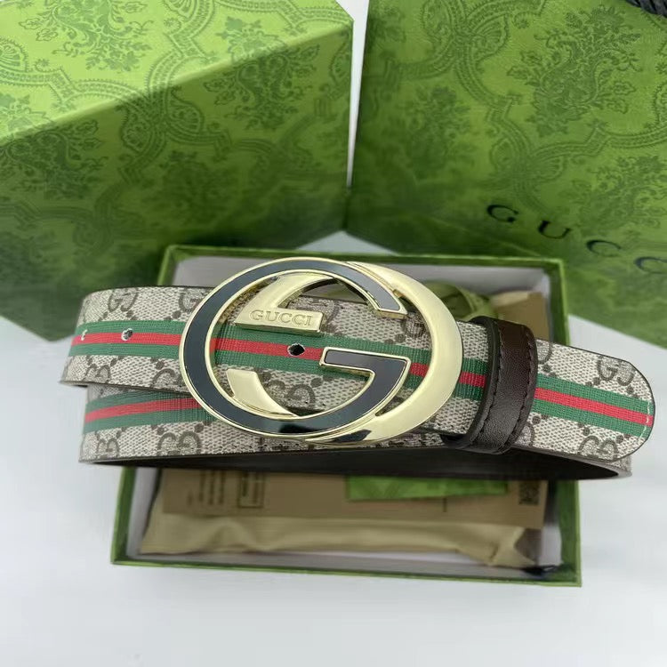 Brown Gucci GG With Green Red Tape Print Buckle Leather Belt   ITEM NO.: HF-BT027