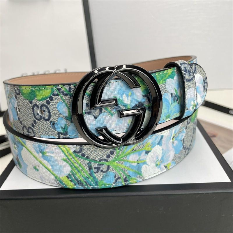 Gucci Blue Floral Print GG Buckle Leather Belt   ITEM NO.: CS-BT036