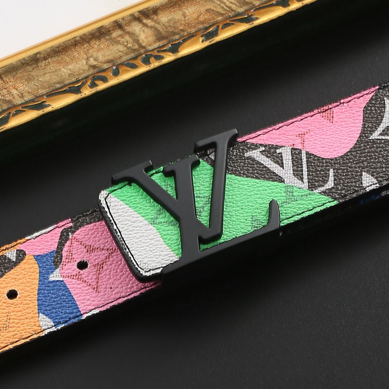 Custom Fancy Pattern Print LV Buckle Leather Belt   ITEM NO.: HF-BT067