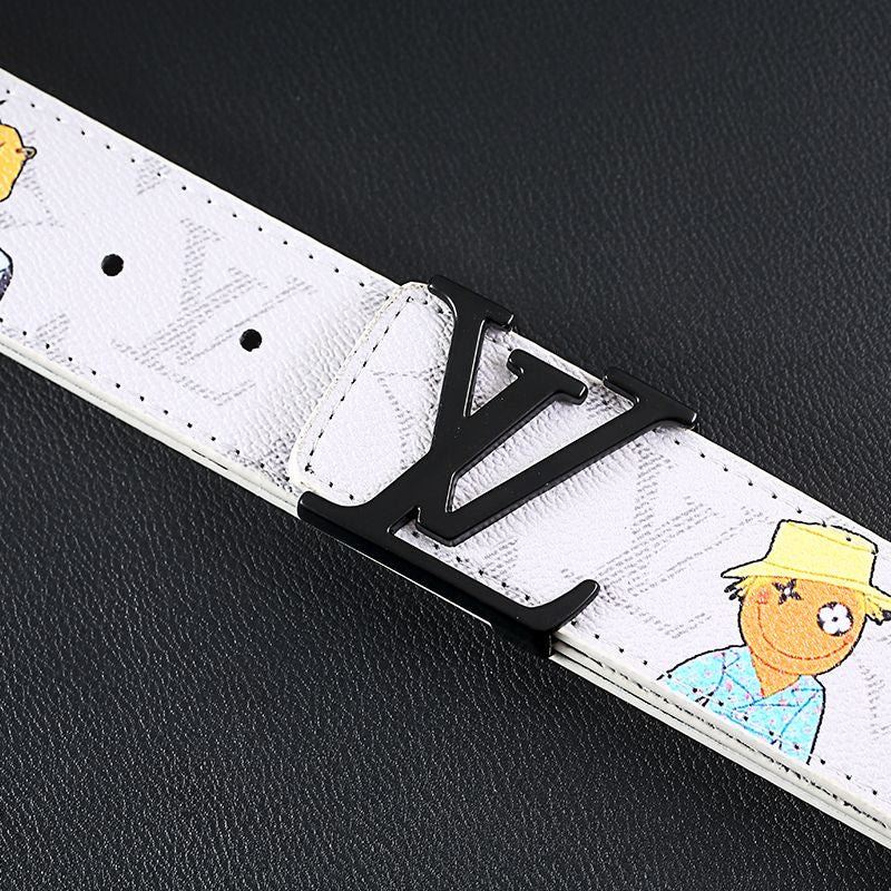Cartoon Graffiti Print White LV Buckle Leather Belt   ITEM NO.: HF-BT071