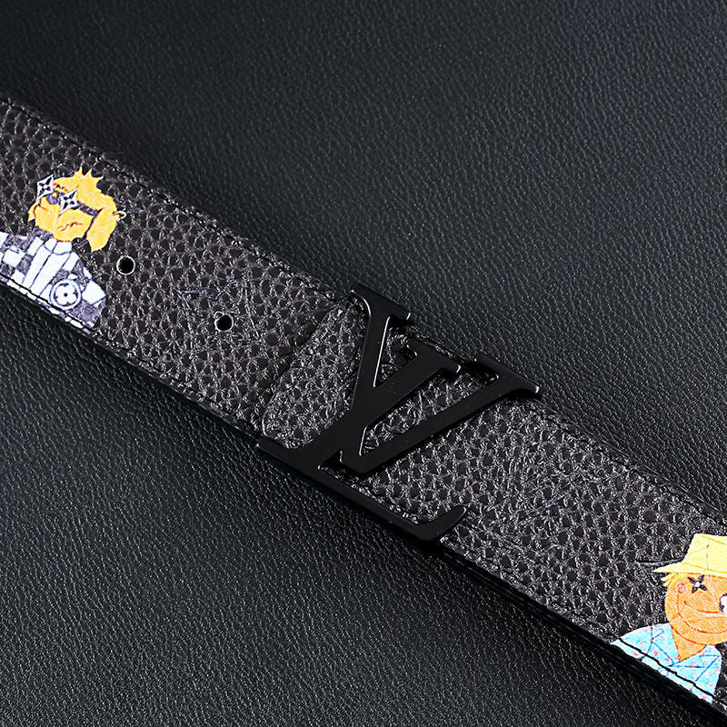 Cartoon Graffiti Print Black Embossed LV Buckle Leather Belt   ITEM NO.: CS-BT068