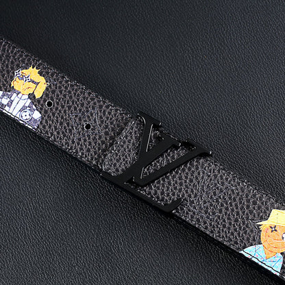 Cartoon Graffiti Print Black Embossed LV Buckle Leather Belt   ITEM NO.: HF-BT068