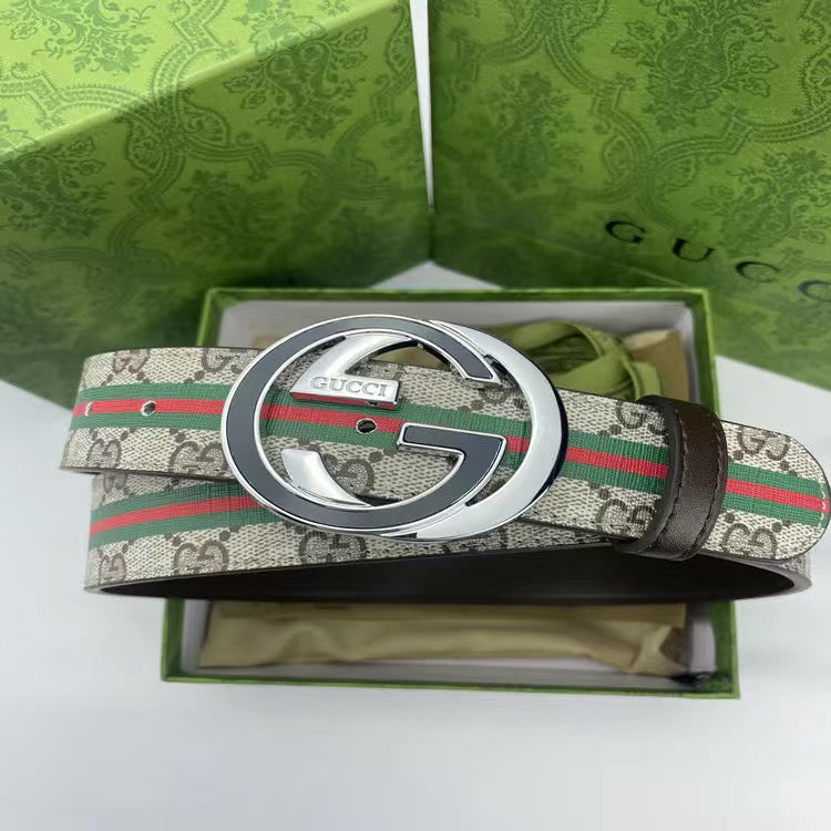 Brown Gucci GG With Green Red Tape Print Buckle Leather Belt   ITEM NO.: HF-BT027