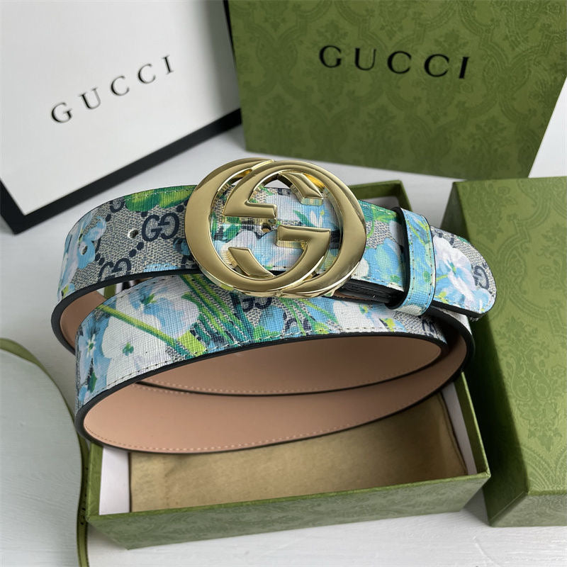 Gucci Blue Floral Print GG Buckle Leather Belt   ITEM NO.: HF-BT036