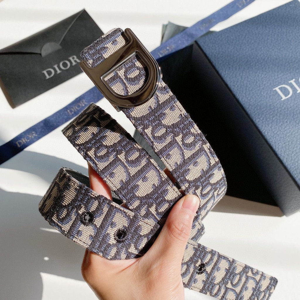 Double-Sided Use Christian Dior CD Buckle Jacquard Canvas Genuine Leather Belt   ITEM NO.: HF-BT012