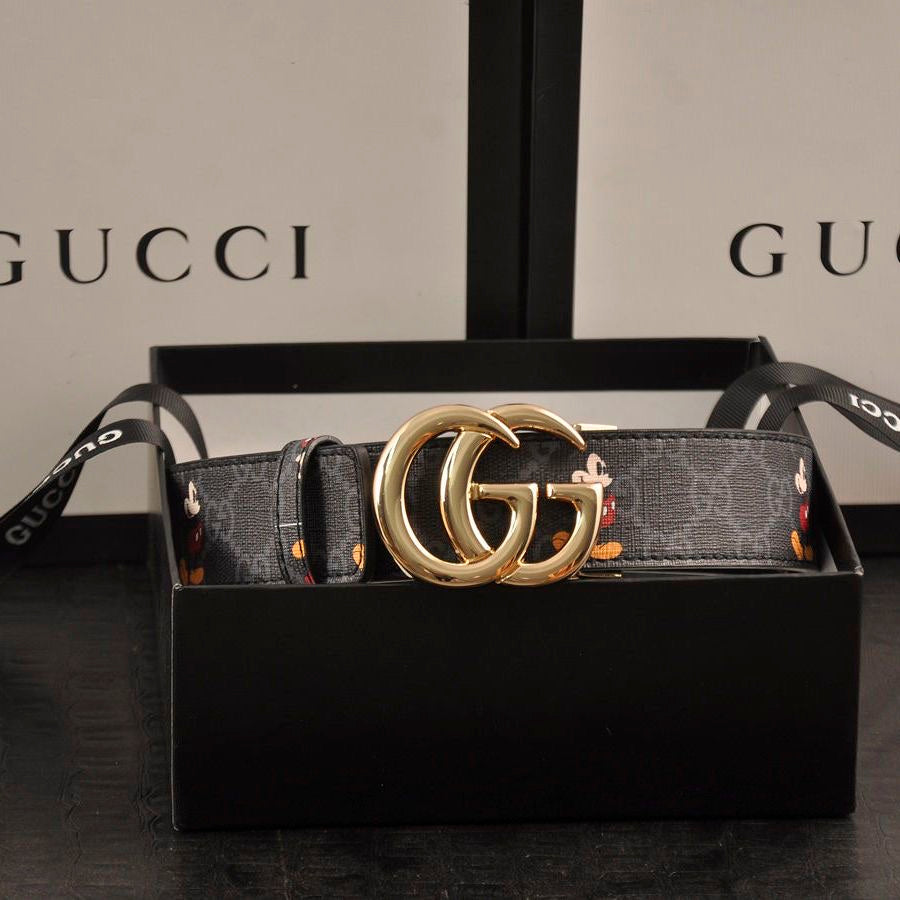 Classical Black Gucci Micky Mouse Print GG Buckle Leather Belt   ITEM NO.: HF-BT044
