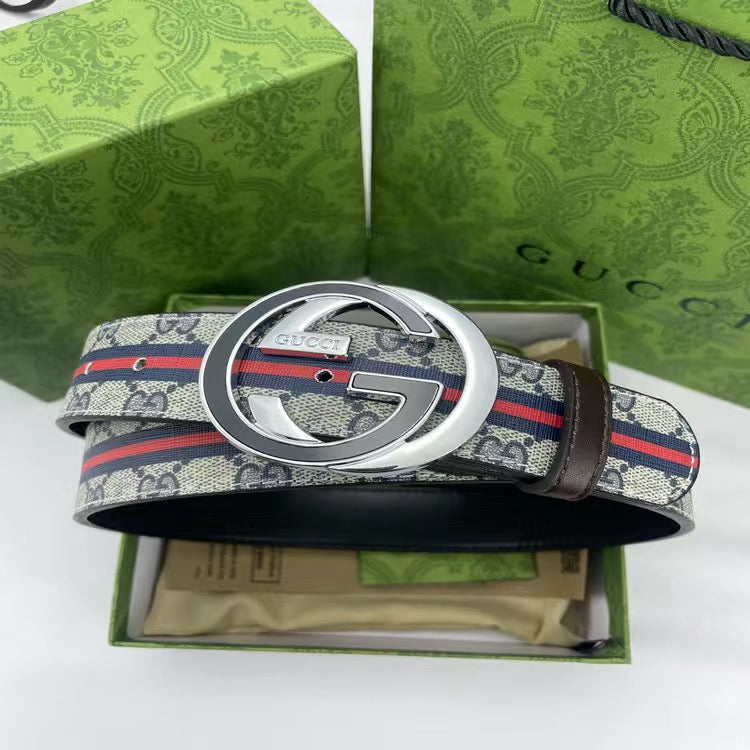 Blue Gucci GG With Green Red Tape Print Buckle Leather Belt   ITEM NO.: HF-BT029