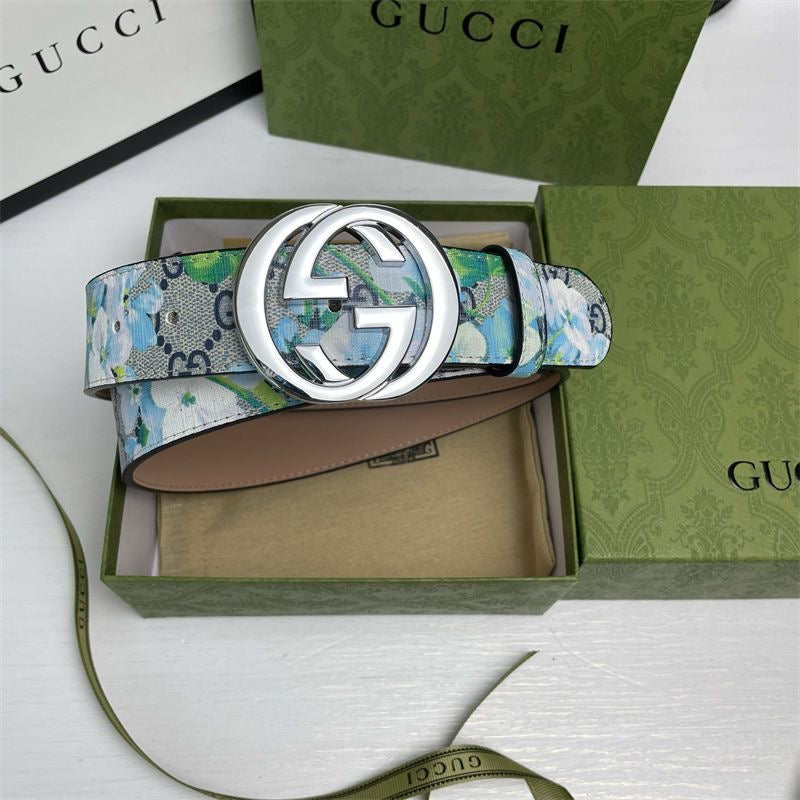 Gucci Blue Floral Print GG Buckle Leather Belt   ITEM NO.: HF-BT036