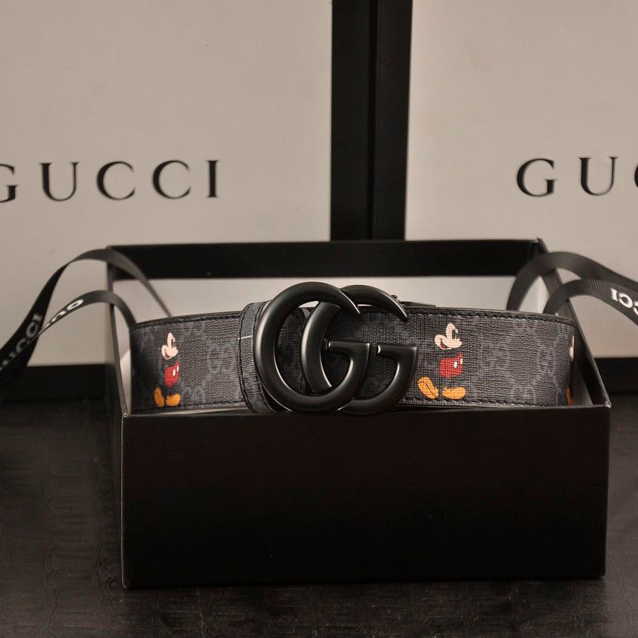 Classical Black Gucci Micky Mouse Print GG Buckle Leather Belt   ITEM NO.: HF-BT044