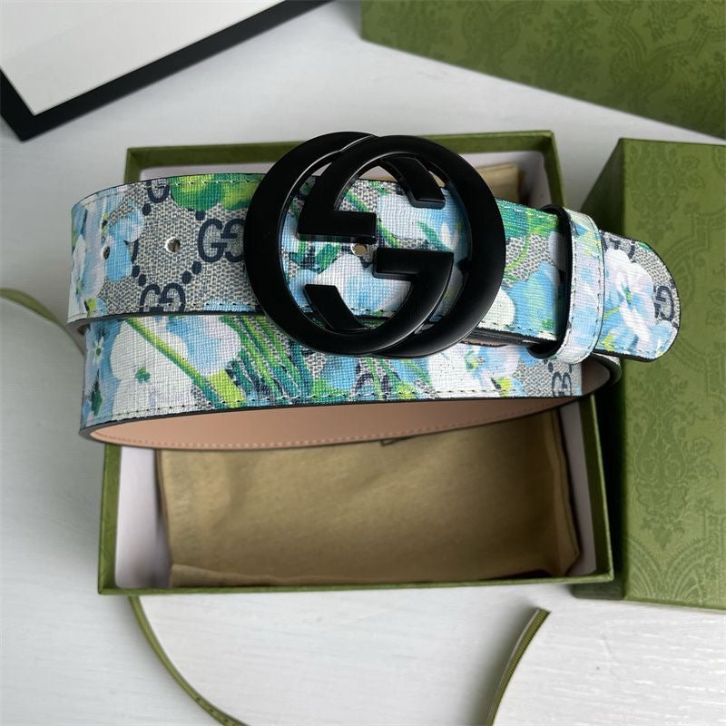 Gucci Blue Floral Print GG Buckle Leather Belt   ITEM NO.: CS-BT036