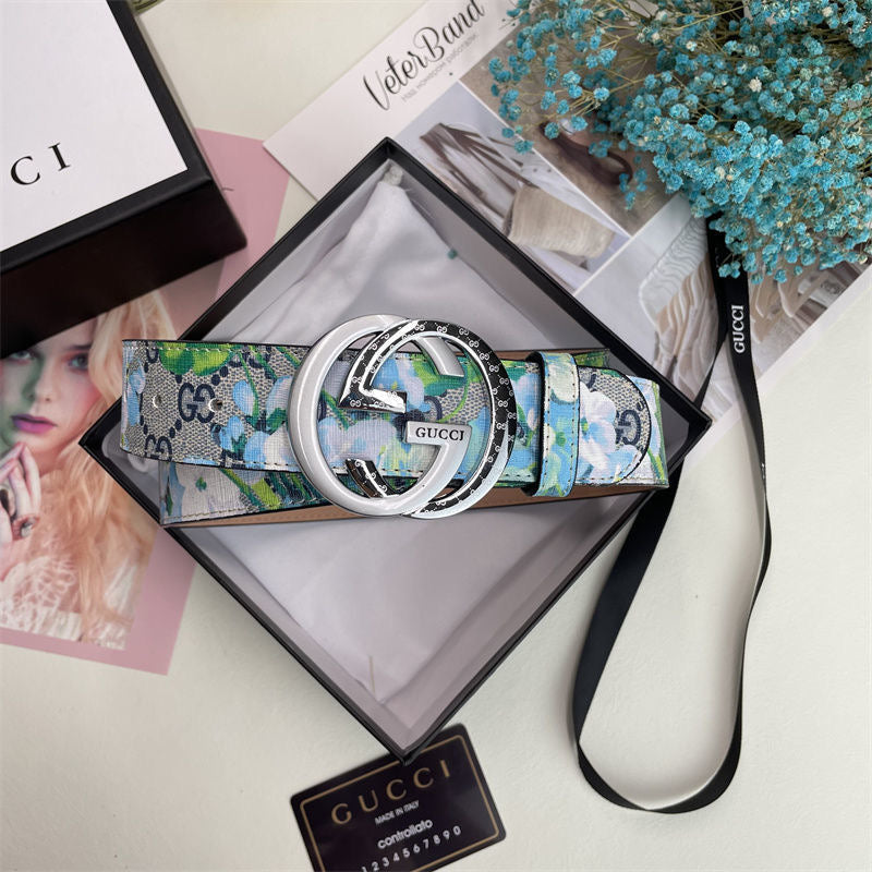 Gucci Blue Floral Print GG Buckle Leather Belt   ITEM NO.: CS-BT036