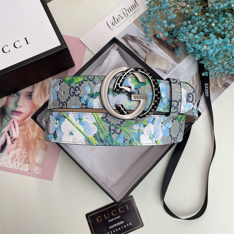 Gucci Blue Floral Print GG Buckle Leather Belt   ITEM NO.: CS-BT036