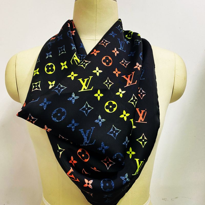 Custom LV design print silk feeling functional neck scarf head scarf sleeping hair wrapping scarf decorative scarf etc   ITEM NO.: CS-SF001