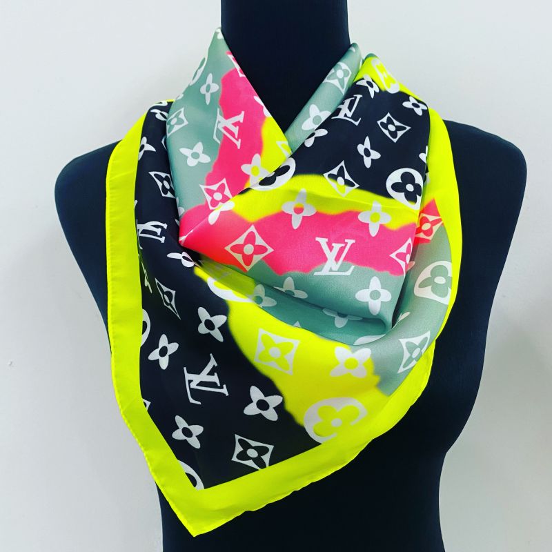 Custom LV design print silk feeling functional neck scarf head scarf sleeping hair wrapping scarf decorative scarf etc   ITEM NO.: CS-SF021