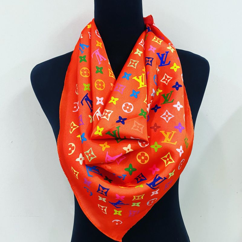 Custom LV design print silk feeling functional neck scarf head scarf sleeping hair wrapping scarf decorative scarf etc   ITEM NO.: HF-SF033