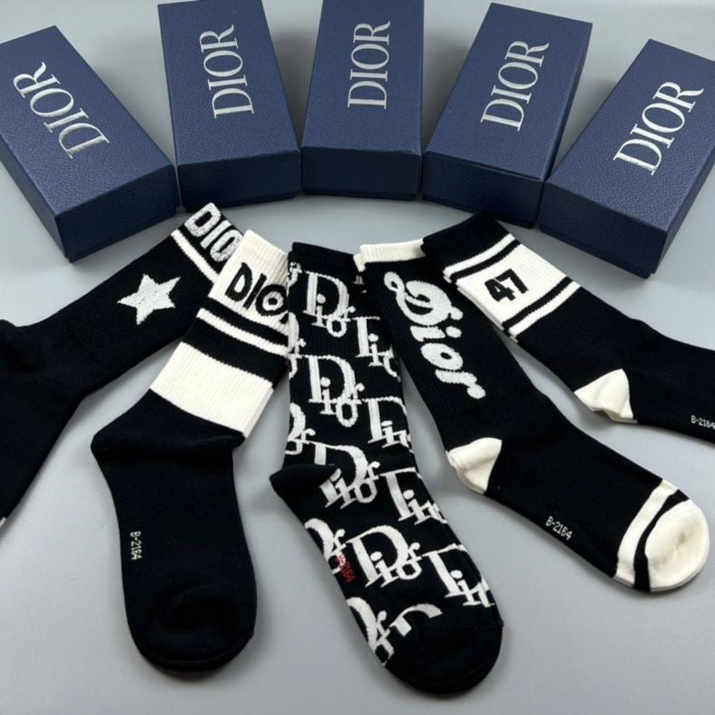 DIOR Men's Black & White Sweat-Absorbent Socks (5-Pair) Item NO.:HF-SK005