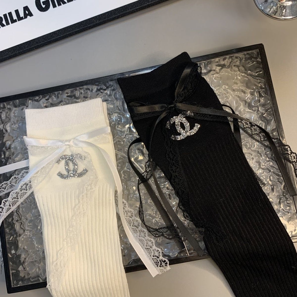 CC Thin Rhinestone Bow Lace Ribbon Calf Socks Item NO.:HF-SK009