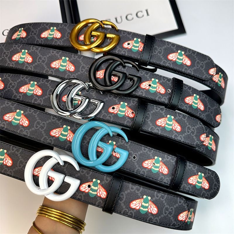 Classical Gucci Bee Print GG Buckle Leather Belt   ITEM NO.: HF-BT042