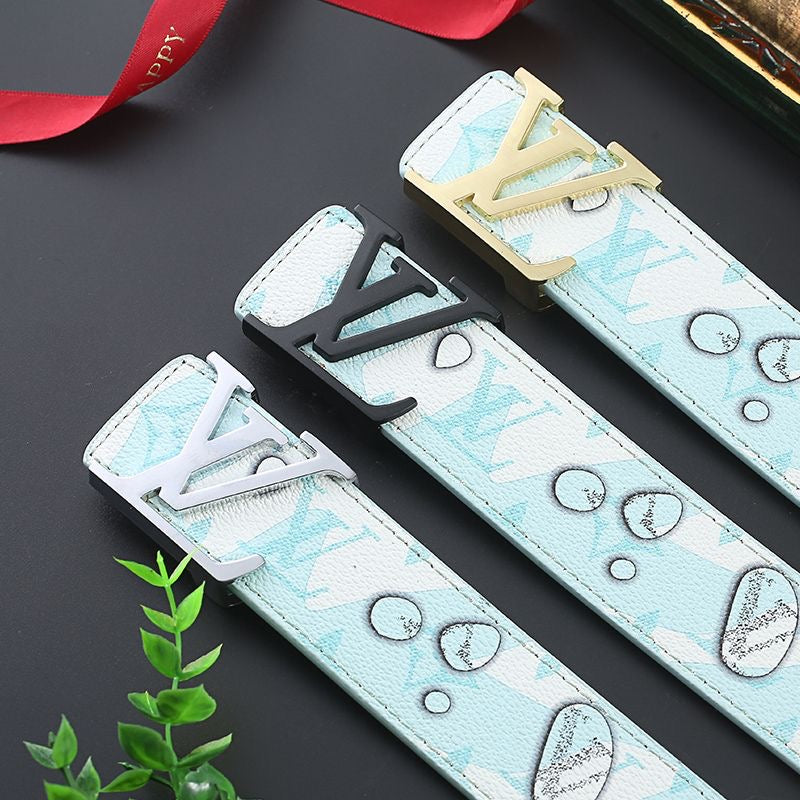 Custom Print Sky Blue LV Buckle Leather Belt   ITEM NO.: HF-BT066