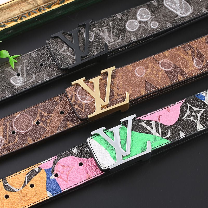 Custom Fancy Pattern Print LV Buckle Leather Belt   ITEM NO.: HF-BT067
