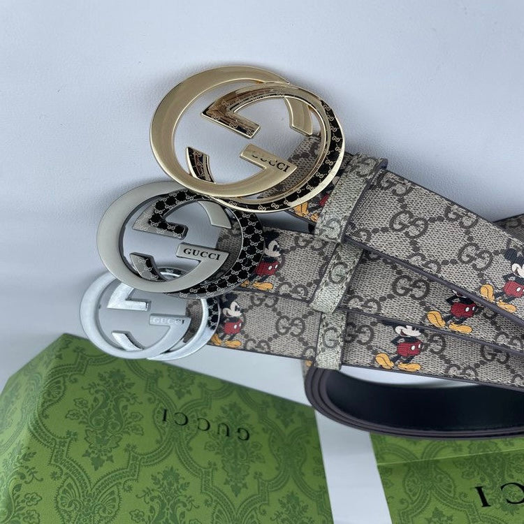 Classical Gucci Micky Mouse Print GG Buckle Leather Belt   ITEM NO.: HF-BT043