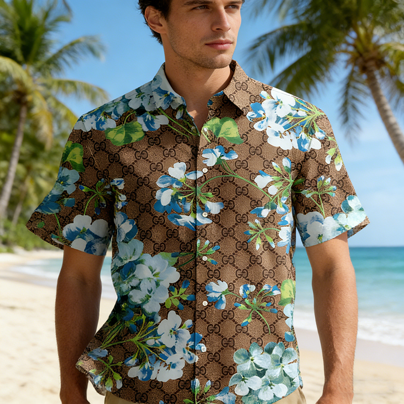 GG Woven Polyester-Spandex Printed Hawaiian Shirt Item NO.:HF-CT002