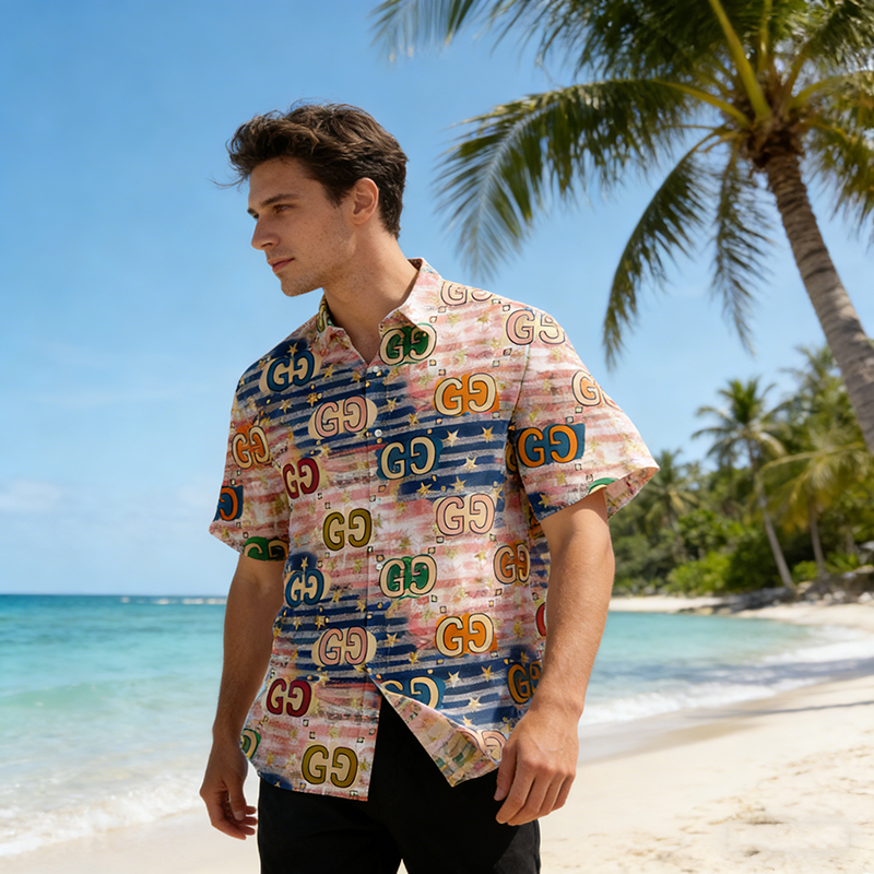 GG Woven Polyester-Spandex Printed Hawaiian Shirt Item NO.:HF-CT002
