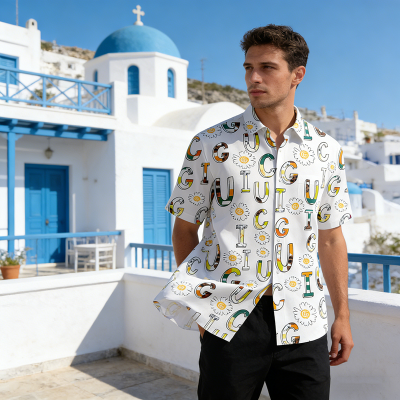GG Woven Polyester-Spandex Printed Hawaiian Shirt Item NO.:HF-CT002