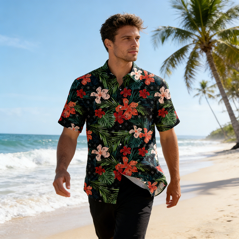 LV Polyester Stretch Woven Printed Resort Shirts Item NO.:HF-CT001