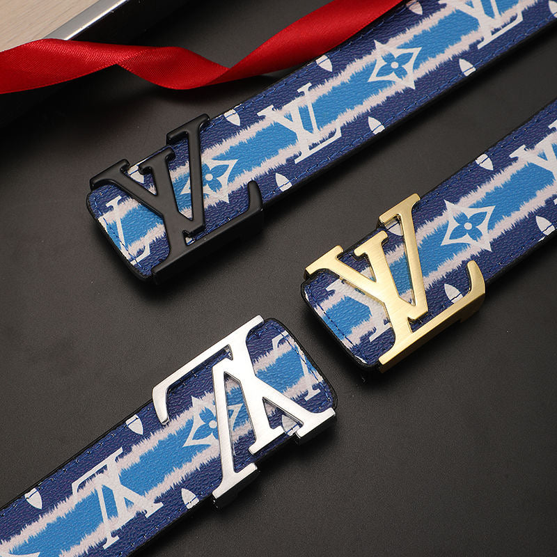 Custom Blue LV Print Buckle Leather Belt    ITEM NO.: HF-BT048
