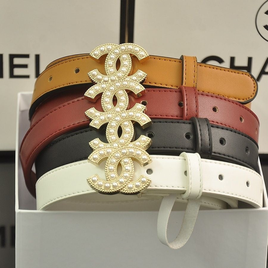 Simple Delicate Chanel CC Pearl Buckle Leather Belt   ITEM NO.: HF-BT038