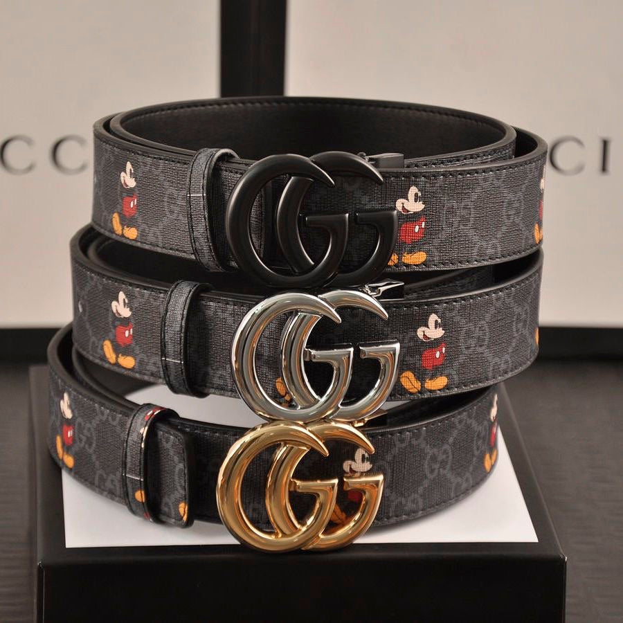 Classical Black Gucci Micky Mouse Print GG Buckle Leather Belt   ITEM NO.: CS-BT044