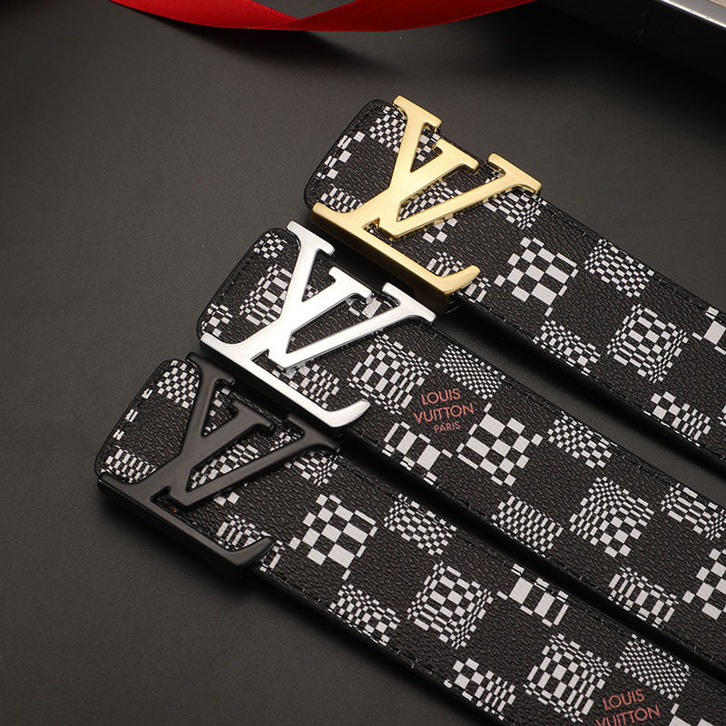 Custom Black Check LV Print Buckle Leather Belt    ITEM NO.: CS-BT050