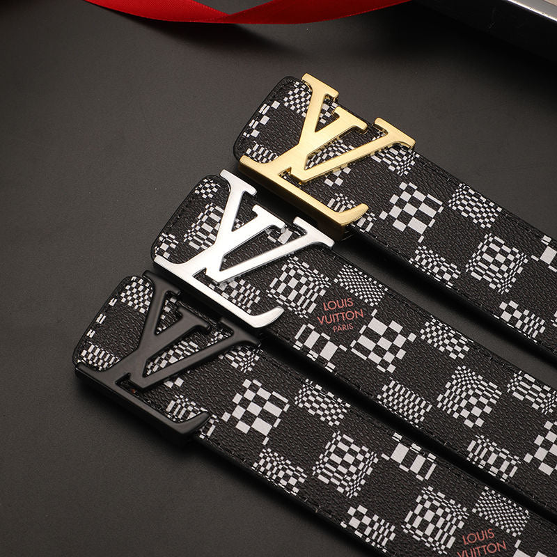 Custom Black Check LV Print Buckle Leather Belt    ITEM NO.: HF-BT050