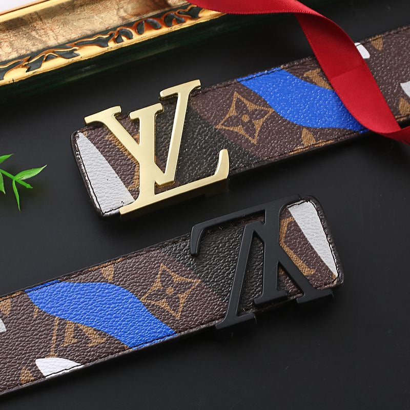 Custom Print Brown LV Buckle Leather Belt   ITEM NO.: HF-BT063