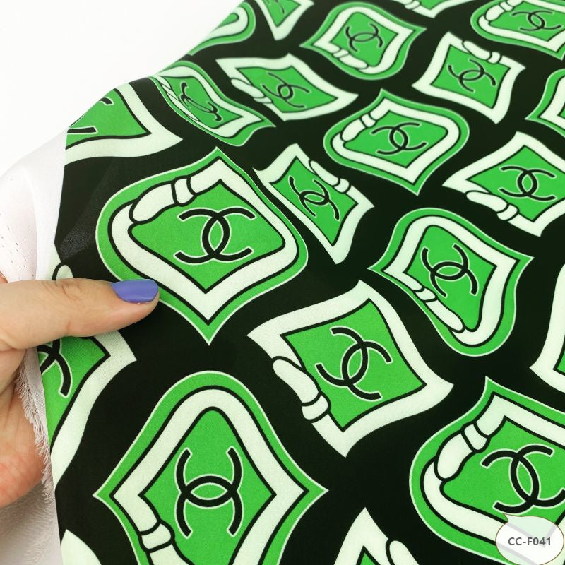 Designer inspired Chanel Pattern digital printed silky satin fabrics