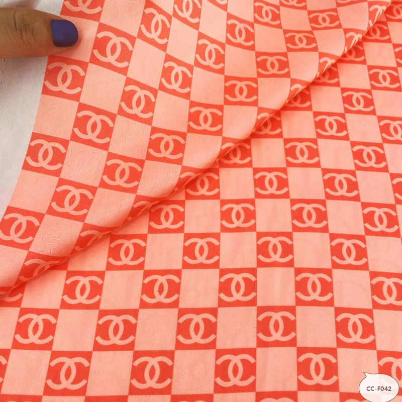 Designer inspired Chanel Pattern digital printed silky satin fabrics