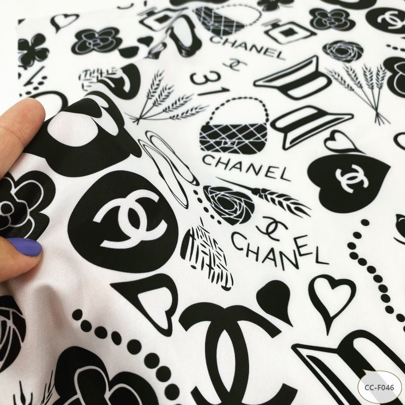 Designer inspired Chanel Pattern digital printed silky satin fabrics