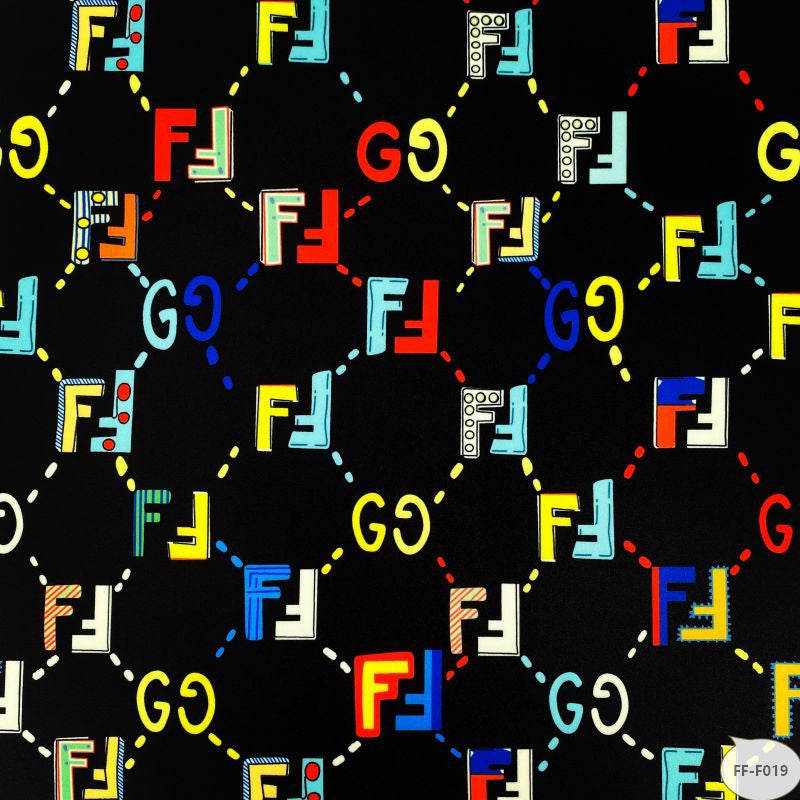 Designer inspired Fendi Pattern digital printed moss crepe spandex fabrics