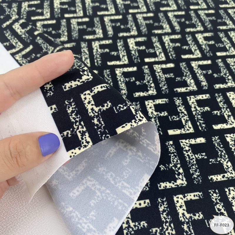 Designer inspired Fendi Pattern digital printed moss crepe spandex fabrics