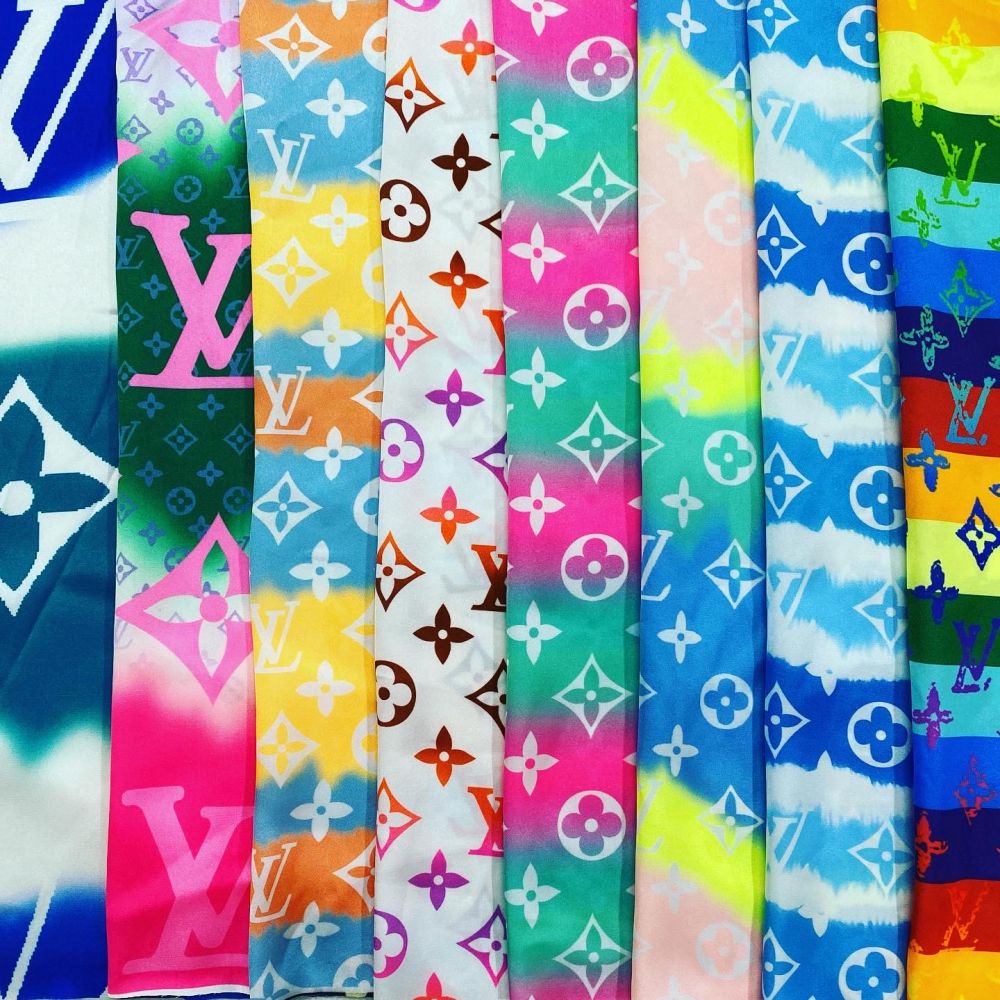 Designer inspired LV Pattern digital printed silky satin fabrics