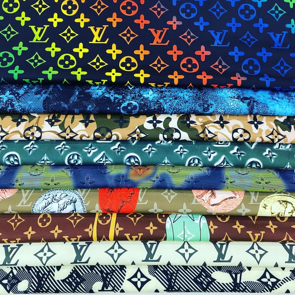 Designer inspired LV Pattern digital printed moss crepe spandex fabric