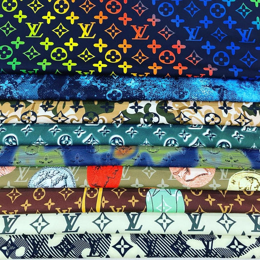Designer inspired LV Pattern digital printed moss crepe spandex fabric